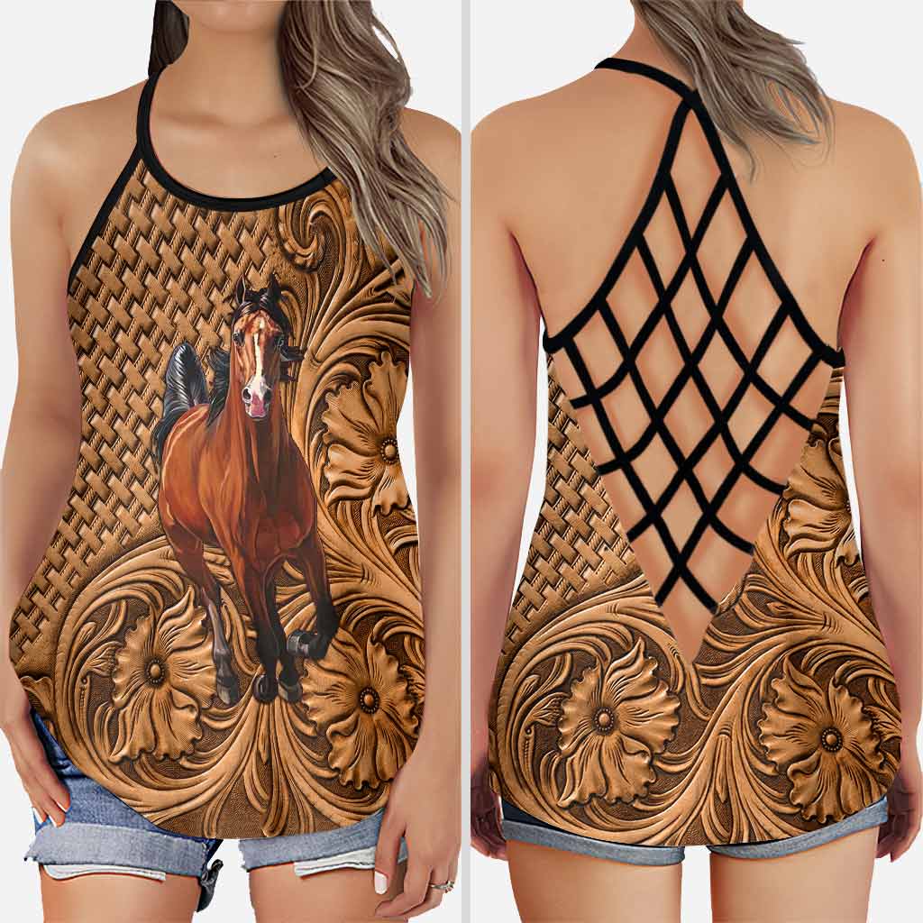 Love Horses Leather Pattern Print Cross Tank Top