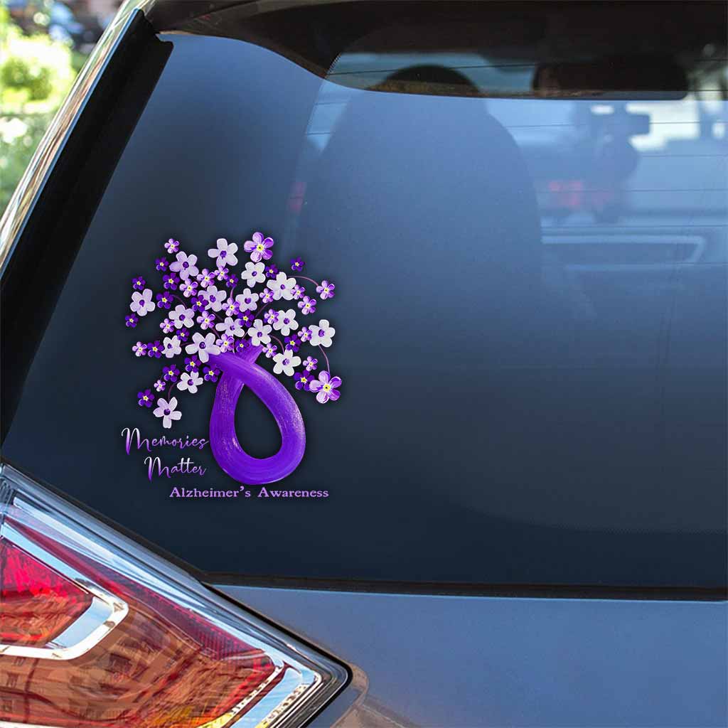 Memories Matter Forget Me Not Flowers Purple Ribbon - Alzheimer Awareness Decall Full