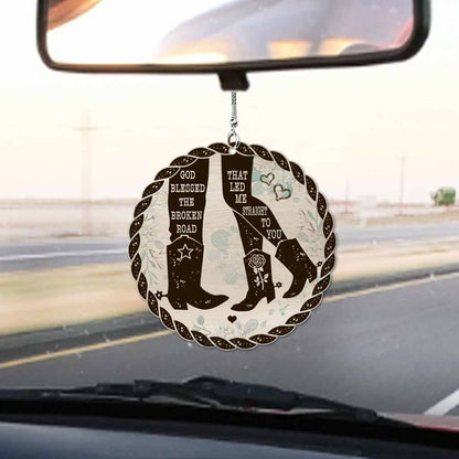 God Blessed The Broken Road - Personalized Couple Horse Car Ornament (Printed On Both Sides)