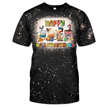 Happy Hallothanksmas - Christmas Ohana Handmade Bleached Shirts