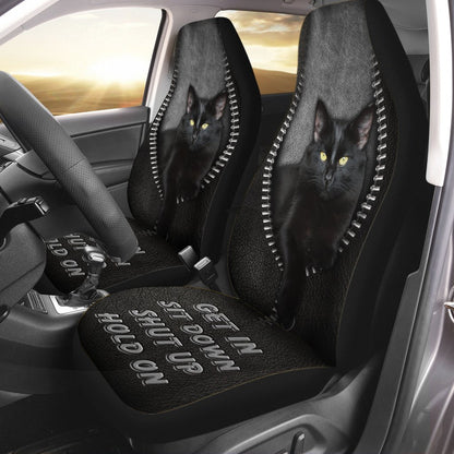 Get In Sit Down Shut Up Hold On - Black Cat Seat Covers With Leather Pattern Print