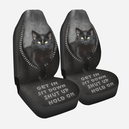 Get In Sit Down Shut Up Hold On - Black Cat Seat Covers With Leather Pattern Print