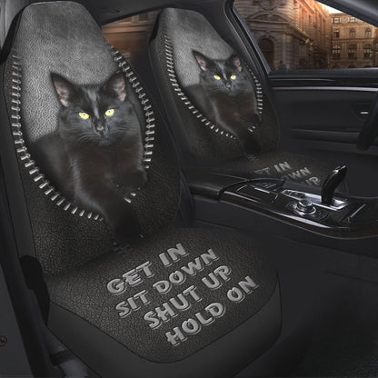 Get In Sit Down Shut Up Hold On - Black Cat Seat Covers With Leather Pattern Print