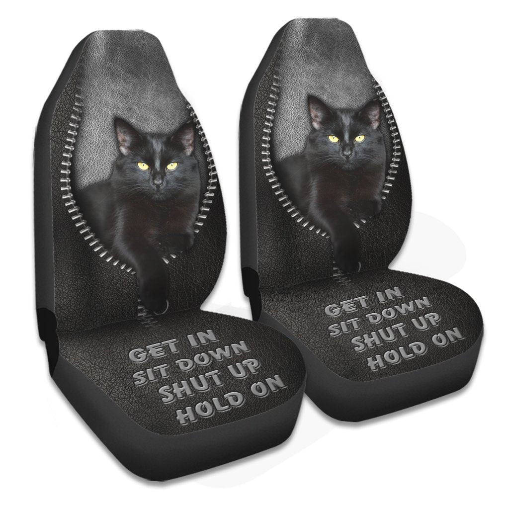 Get In Sit Down Shut Up Hold On - Black Cat Seat Covers With Leather Pattern Print