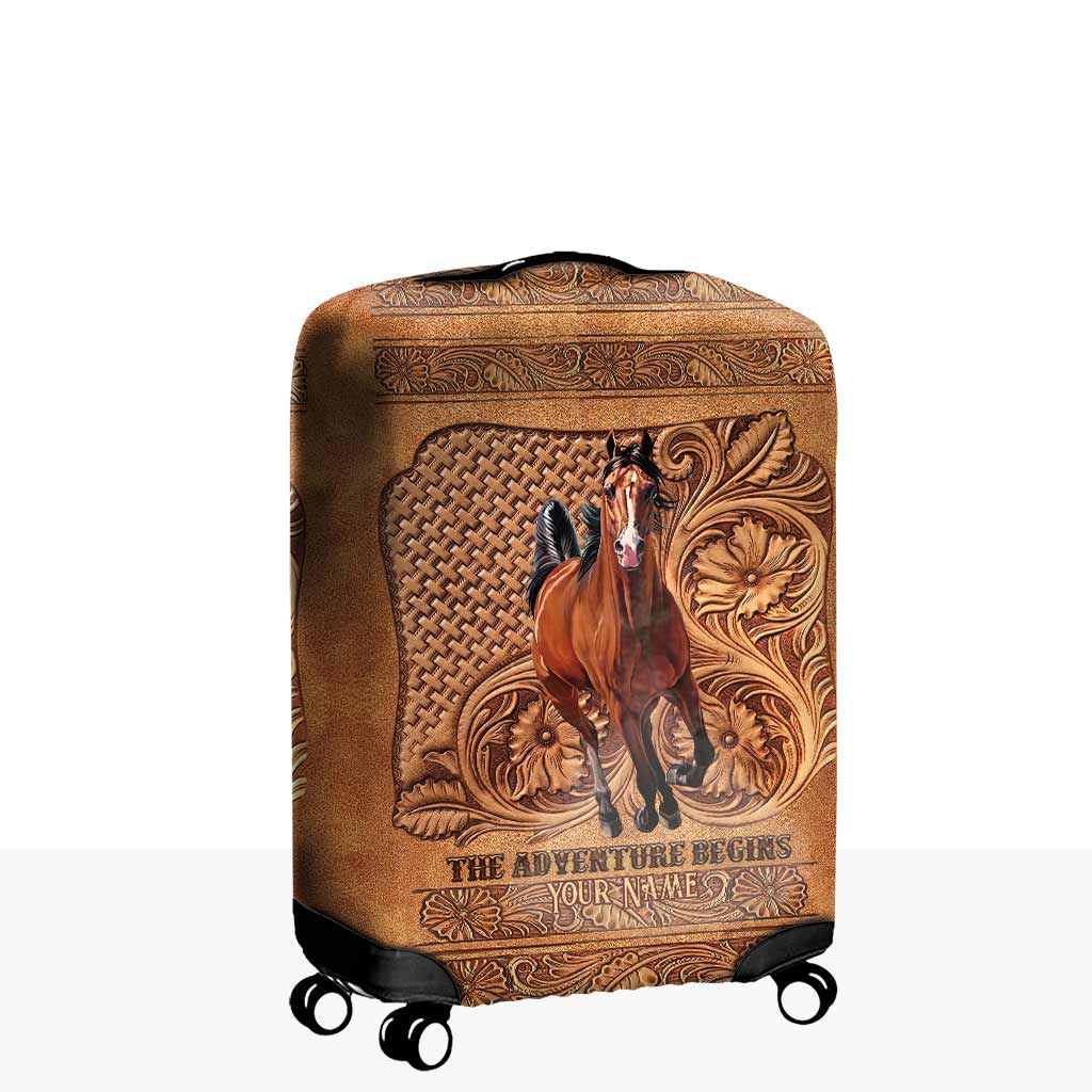 The Adventure Begins - Personalized Horse Luggage Cover With Leather Pattern Print