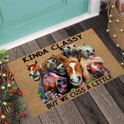 Kinda Classy But We Cuss A Little - Horse Coir Pattern Print Doormat