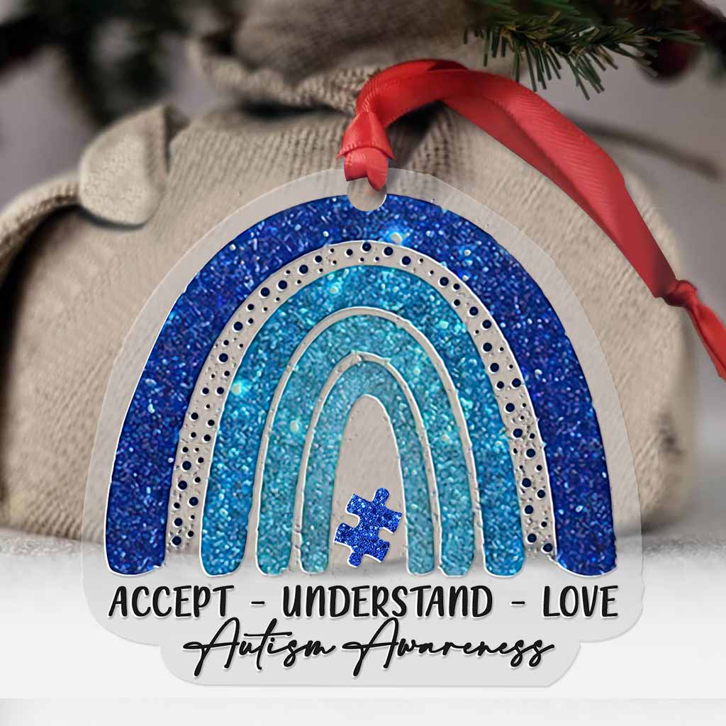 Accept Understand Love Blue Puzzle Rainbow - Christmas Autism Awareness Transparent Ornament With Faux Glitter Pattern Print