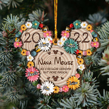 Magical Nana Flowers Mouse Ears - Personalized Christmas Grandma Layered Wood Ornament