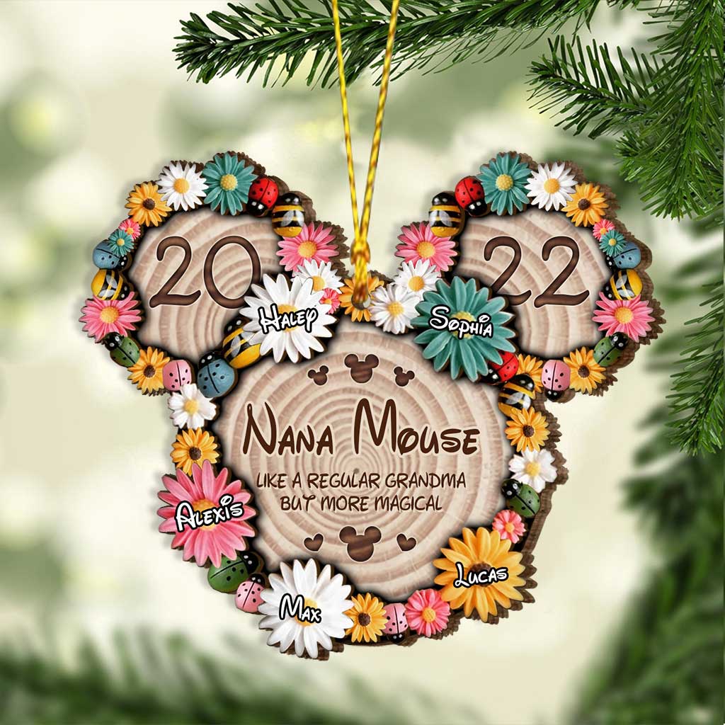 Magical Nana Flowers Mouse Ears - Personalized Christmas Grandma Layered Wood Ornament