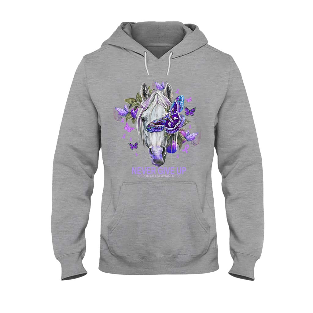 Never Give Up Horse Purple Butterfly - Fibromyalgia Awareness T-shirt and Hoodie 112021