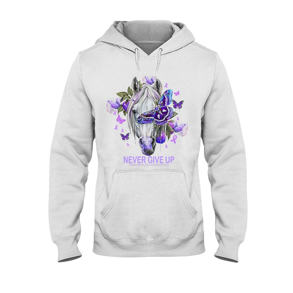 Never Give Up Horse Purple Butterfly - Fibromyalgia Awareness T-shirt and Hoodie 112021