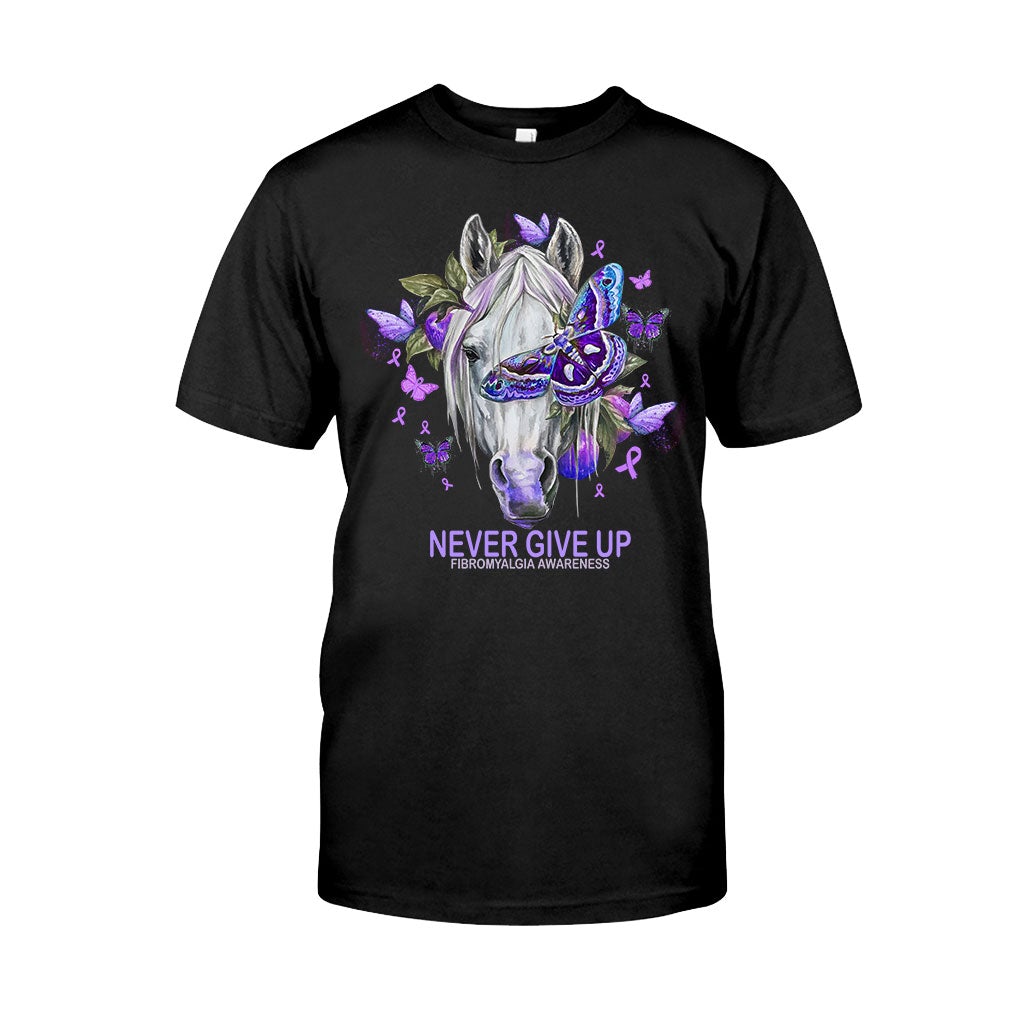 Never Give Up Horse Purple Butterfly - Fibromyalgia Awareness T-shirt and Hoodie 112021