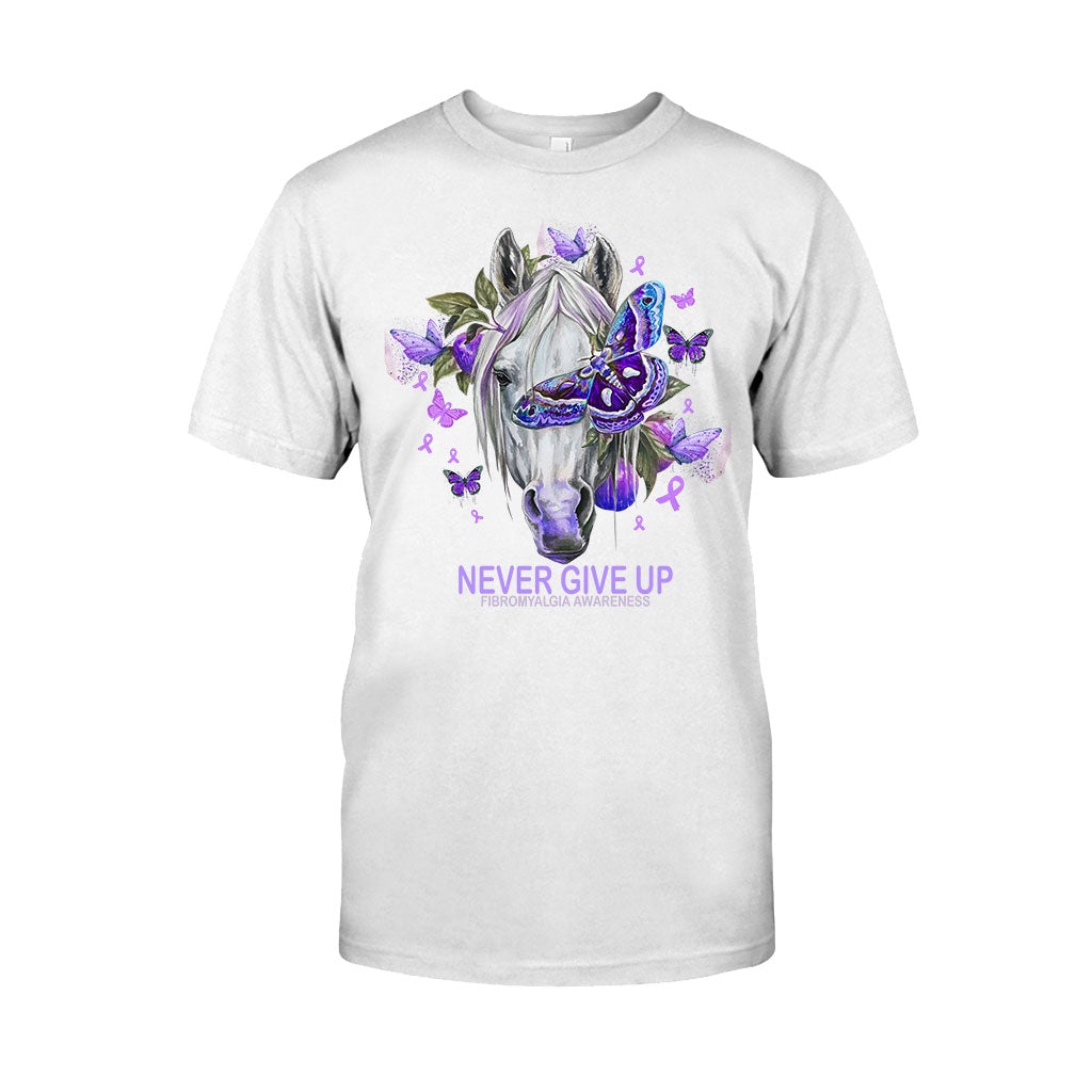 Never Give Up Horse Purple Butterfly - Fibromyalgia Awareness T-shirt and Hoodie 112021