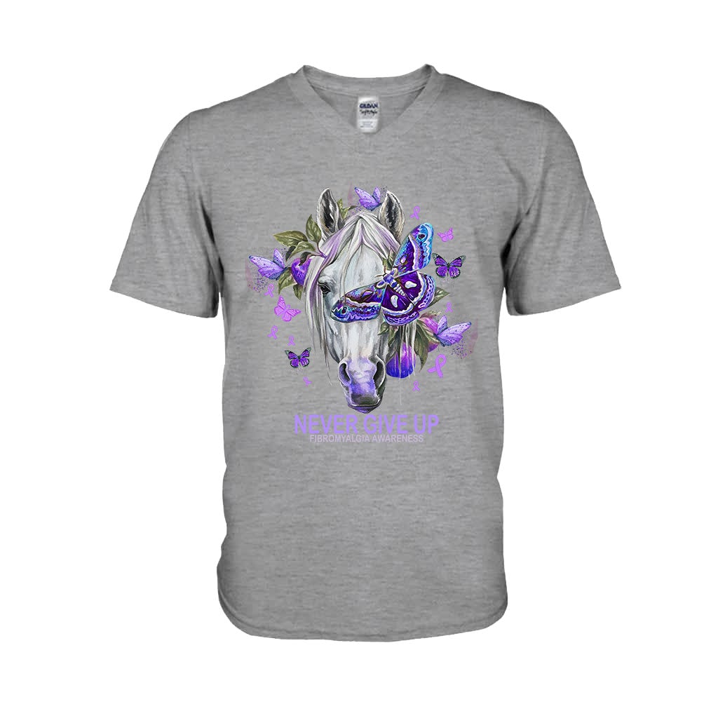 Never Give Up Horse Purple Butterfly - Fibromyalgia Awareness T-shirt and Hoodie 112021