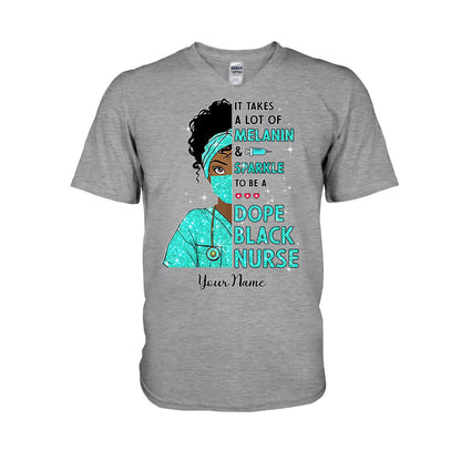 It Takes A Lot Of Melanin And Sparkle - Personalized Nurse T-shirt and Hoodie With Faux Glitter Pattern Print