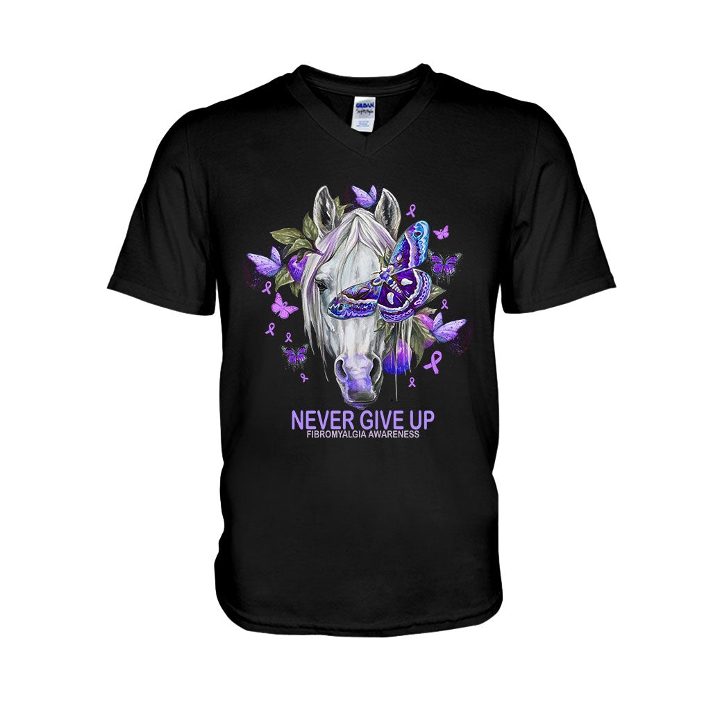 Never Give Up Horse Purple Butterfly - Fibromyalgia Awareness T-shirt and Hoodie 112021