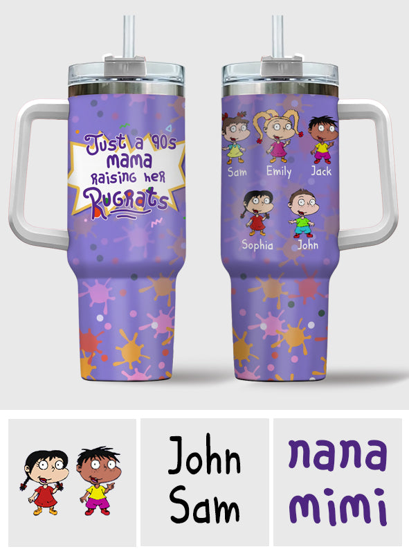 Just A Mama Raising Her Kids - Personalized 90's Cartoon Tumbler With Handle