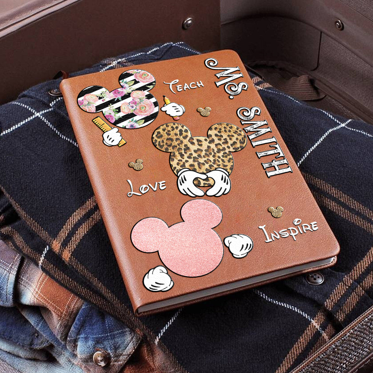 Teach Love Inspire Mouse Ears - Personalized Teacher Leather Journal