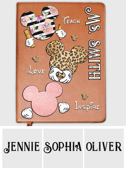 Teach Love Inspire Mouse Ears - Personalized Teacher Leather Journal