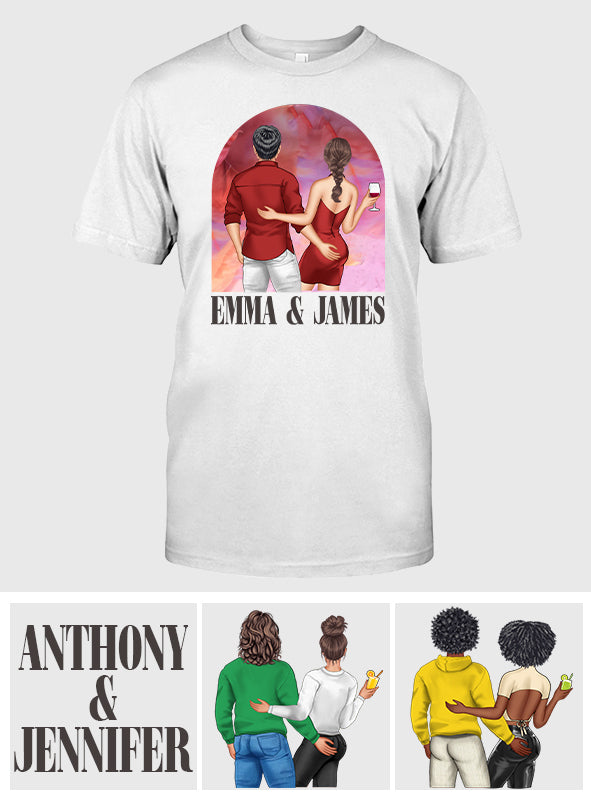 Pink Movie Background Couple - Personalized Couple T-shirt And Hoodie