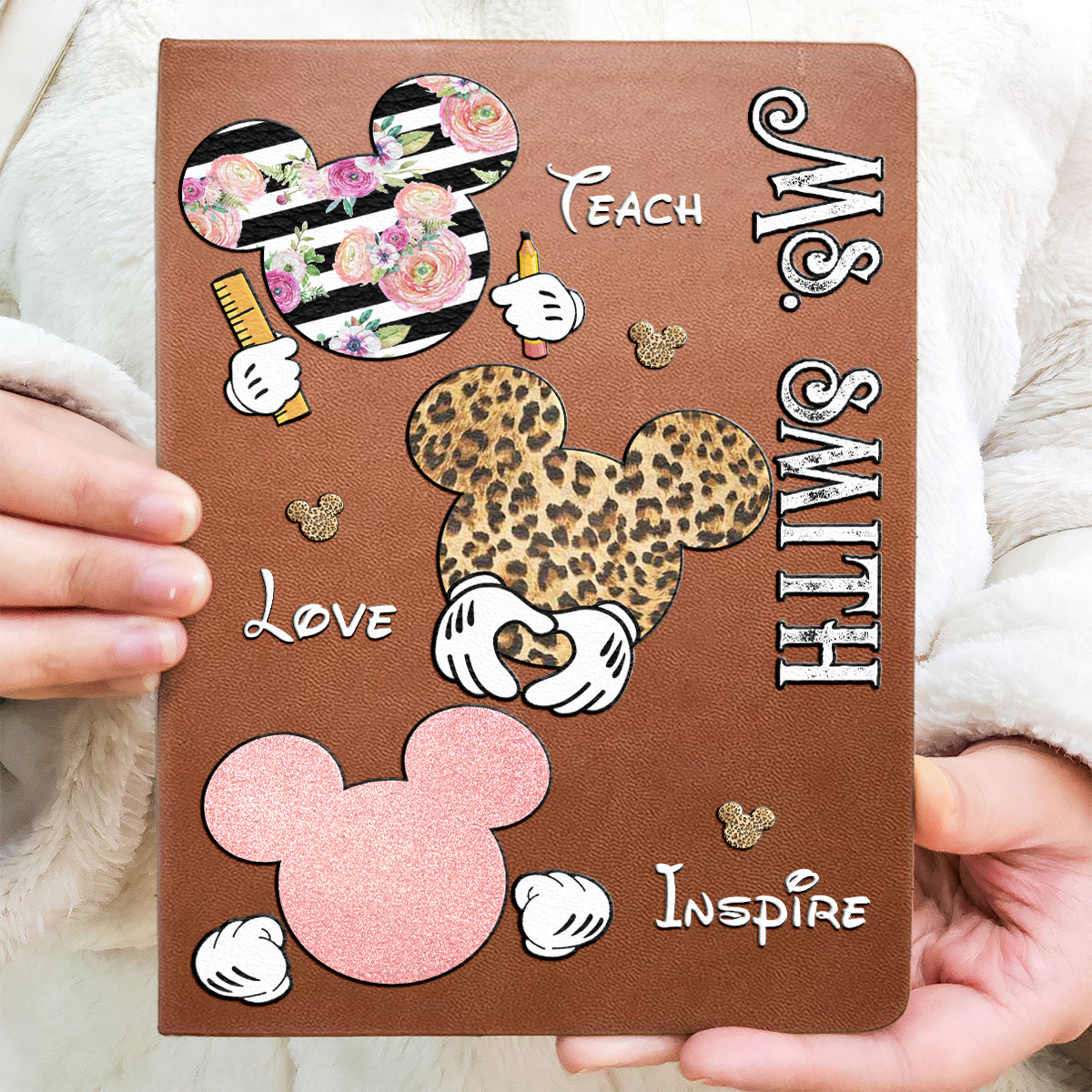 Teach Love Inspire Mouse Ears - Personalized Teacher Leather Journal