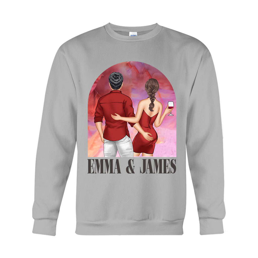Pink Movie Background Couple - Personalized Couple T-shirt And Hoodie
