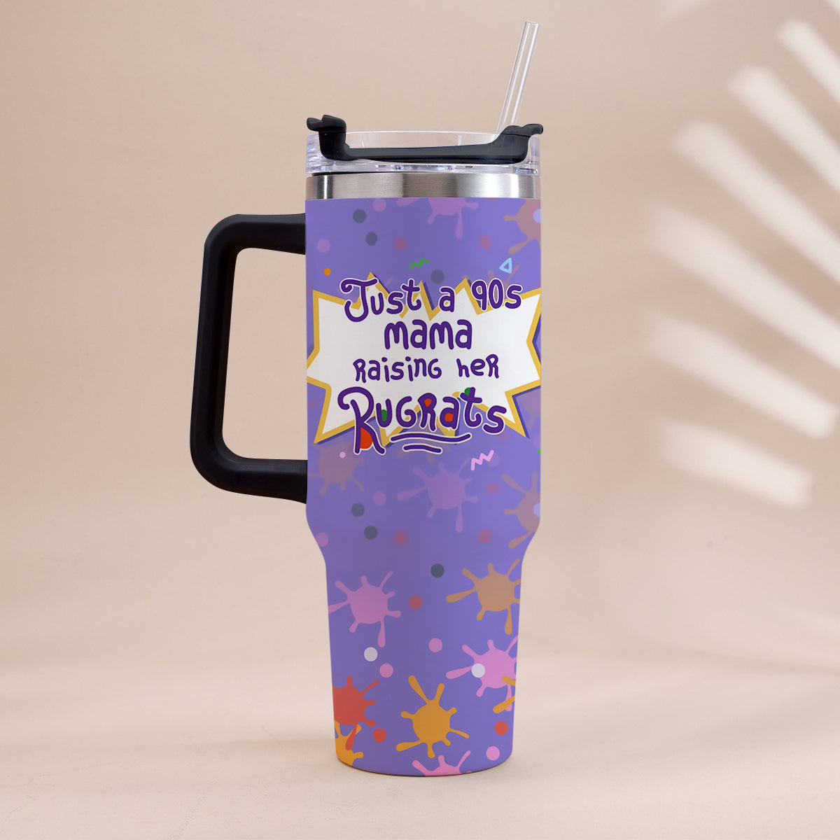 Just A Mama Raising Her Kids - Personalized 90's Cartoon Tumbler With Handle